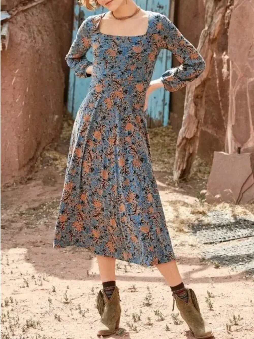 New With Tags Peruvian Connection Autumn Sky Floral Long Sleeve Dress Size SM